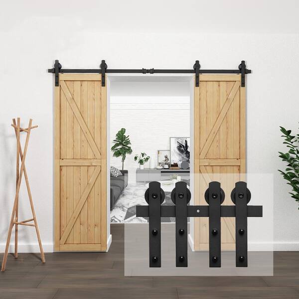 8 ft./96 in. Black Steel Straight Strap Sliding Barn Door Track and Hardware Kit for Double Doors with Floor Guide 8 ft./96 in. Black Steel Straight Strap Sliding Barn Door Track and Hardware Kit for Double Doors with Floor Guide
