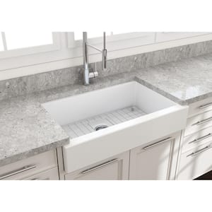 Nuova Pro 34 in. Short Apron Drop-In/Undermount Single Bowl Matte White Fireclay Kitchen Sink with Grid in. Strainer