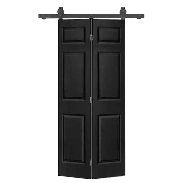 CALHOME 24 in. x 80 in. 6-Panel Black Painted MDF Composite Bi-Fold Barn Door with Sliding Hardware Kit