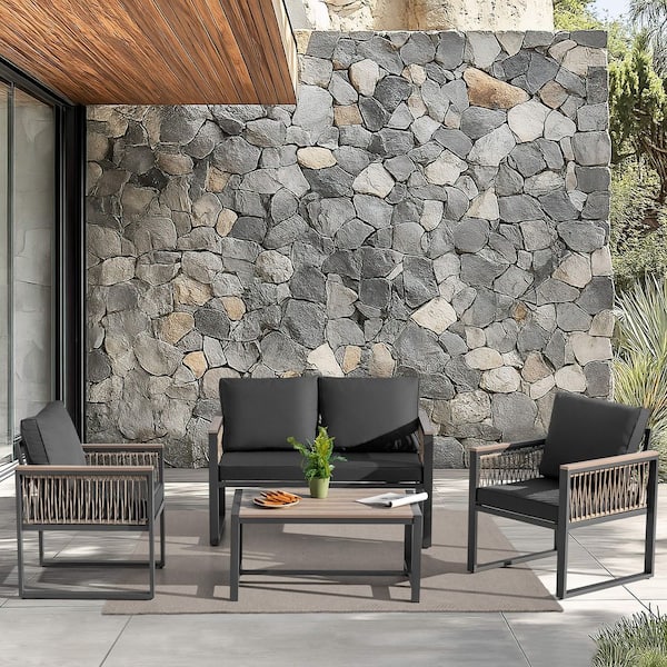 Nuu Garden Matte Gray 4-Piece Plastic Wood and Rattan Patio