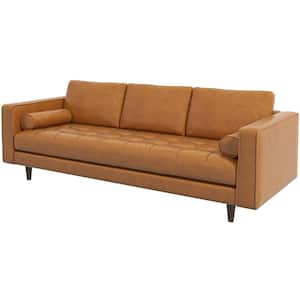 Jax 84 in. W Square Arm Mid Century Modern Genuine Leather Sofa in Brown Cognac Tan