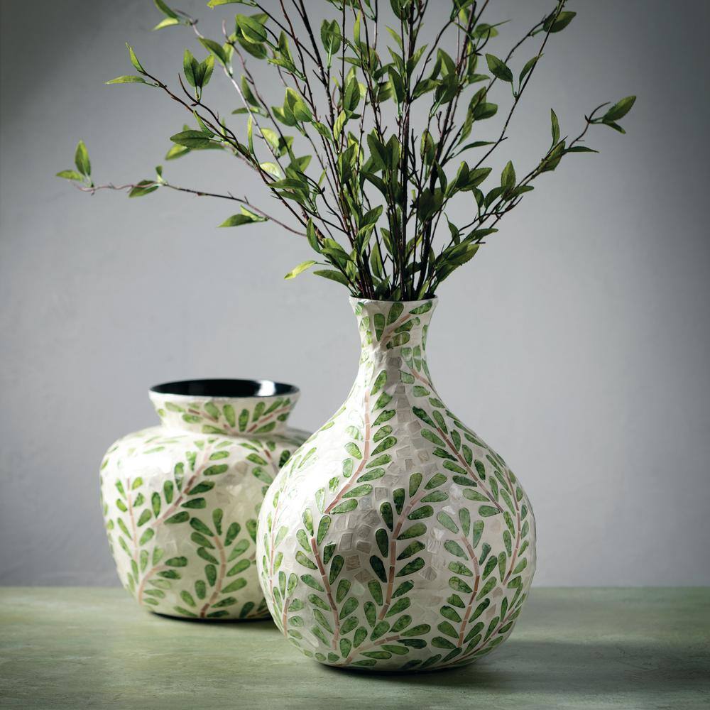 9.5" Green and Ivory Capiz Leaf Pattern Bouquet Vase