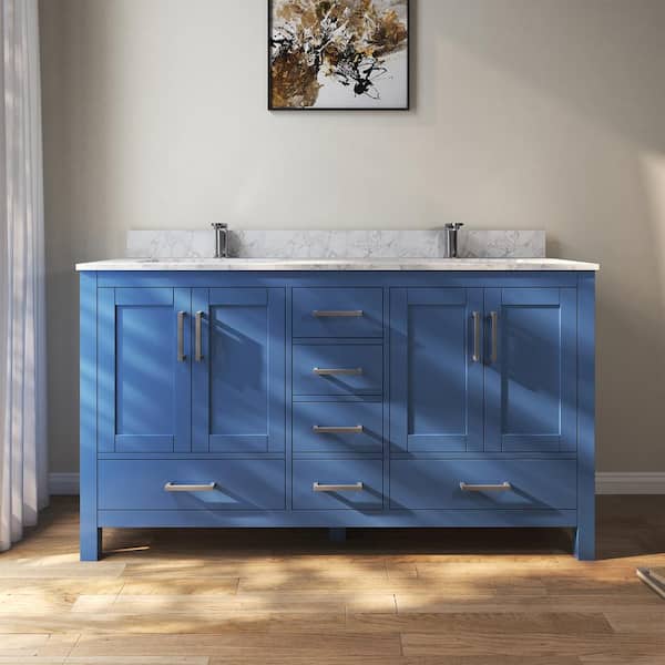 60 in. W x 22 in. D x 35 in. H Double Sinks Bath Vanity Cabinet in Blue with Cultured Marble Top