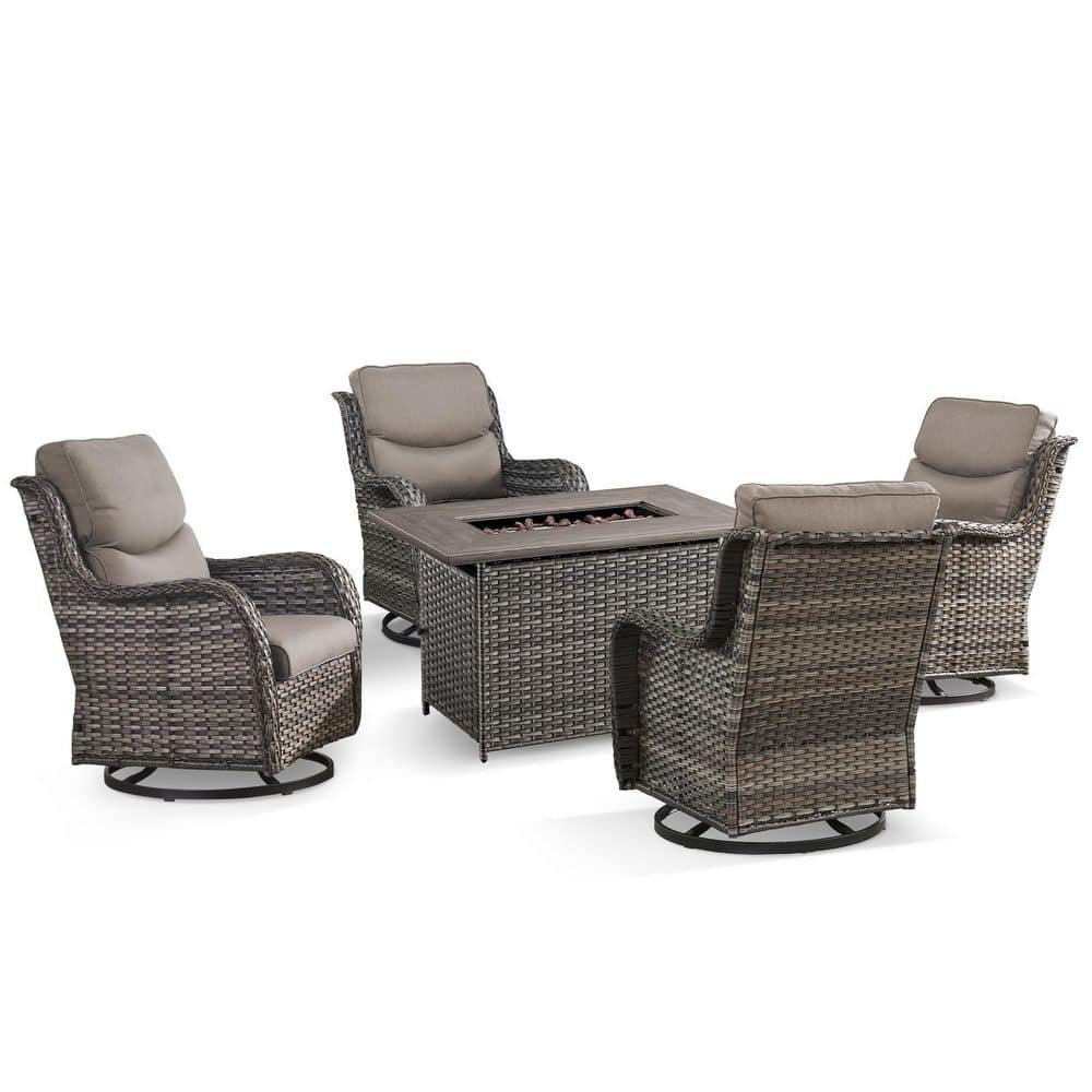 Quanxer Gray 5-Piece Wicker Patio Rectangle Fire Pit Conversation Set with Gray Cushions and Swivel Chairs price history on PriceWatchPro