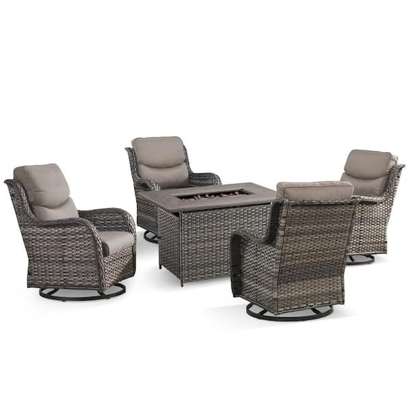 Pocassy Quanxer Gray 5-Piece Wicker Patio Rectangle Fire Pit Conversation Set with Gray Cushions and Swivel Chairs
