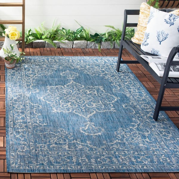 Courtyard Navy/Gray 9 ft. x 12 ft. Border Ornate Indoor/Outdoor Area Rug