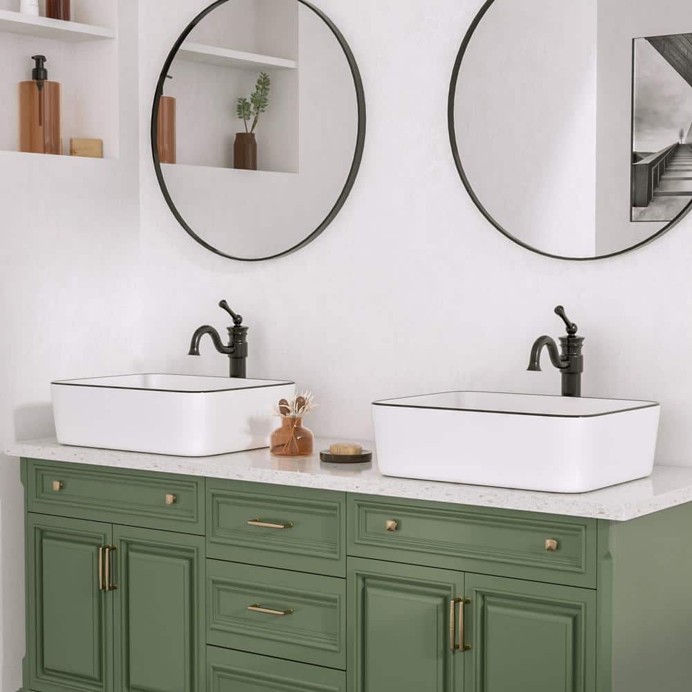 19" White Ceramic Rectangular Vessel Sink with Black Trim