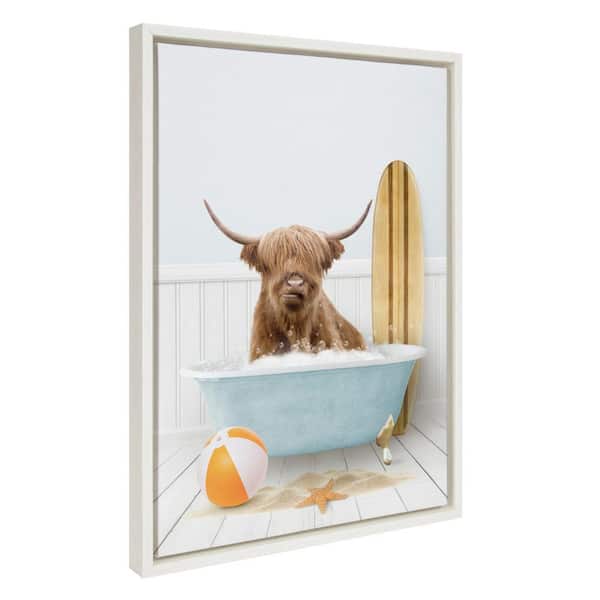 Kate and Laurel Sylvie Highland Cow Beach House Bath with Surfboard by Amy Peterson White Framed Art Print 18 in. x 24 in.