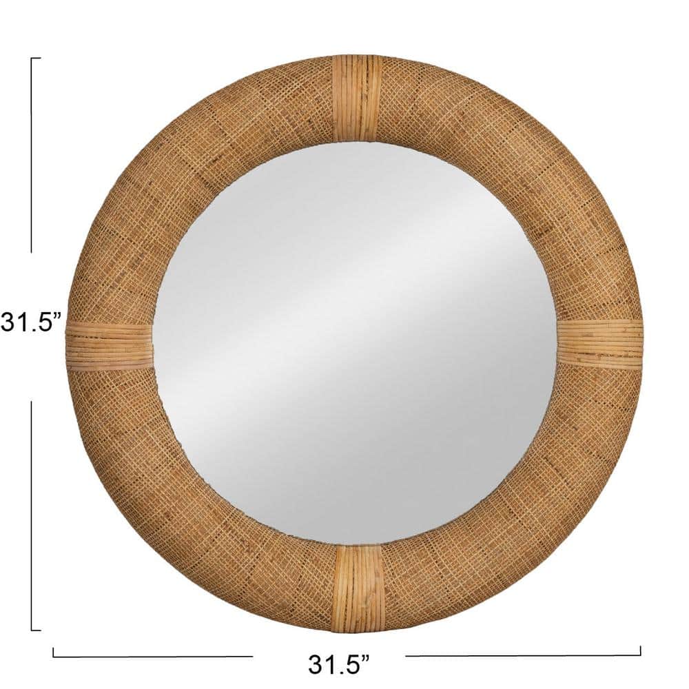 Natural Handwoven Rattan and Wood Round Wall Mirror