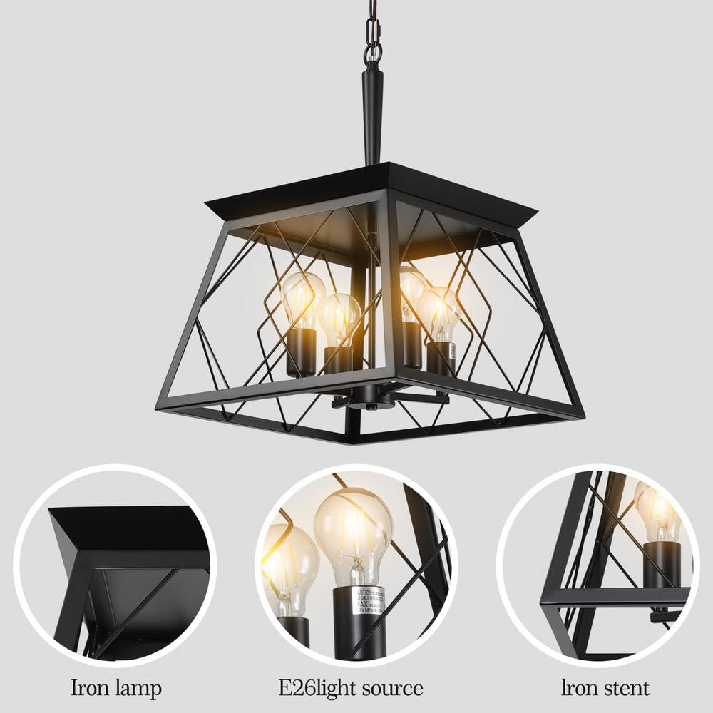 Black Metal Square Lantern Pendant Chandelier with Adjustable Chain