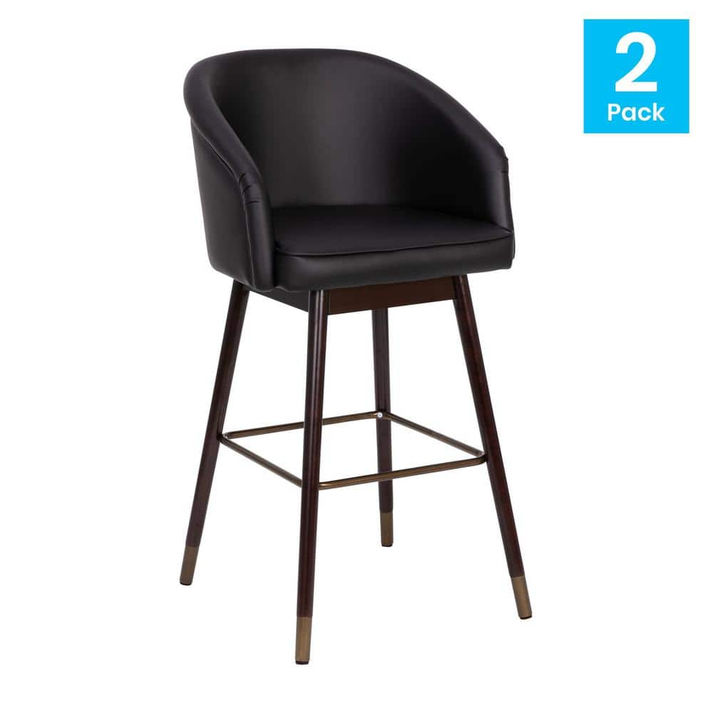 TAYLOR + LOGAN 42 in. Black/Walnut Mid Wood Bar Stool with Leather/Faux Leather Seat (Set of 2)