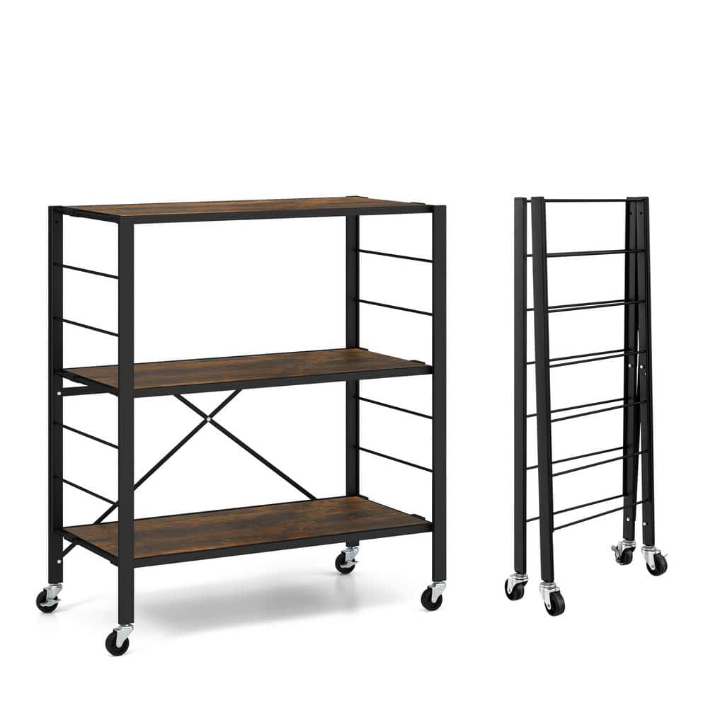 3-Tier Brown Rolling Kitchen Cart with Detachable Wheels and Adjustable She