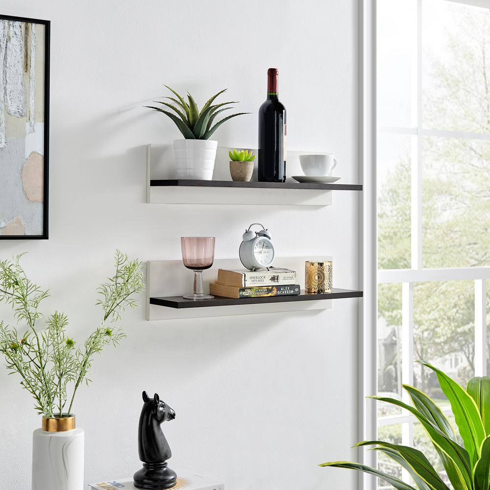 White and Dark Walnut Floating Wall Shelves Set of 2