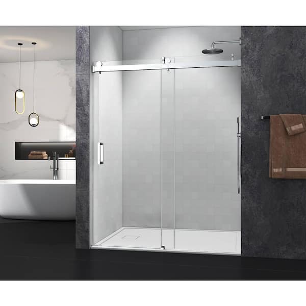 Xspracer Foyil 60 in. W x 76 in. H Sliding Frameless Shower Door in Brushed Nickle with Clear Glass