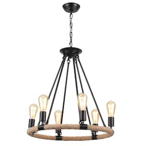 6-Light Black Wagon Wheel Chandelier Modern Farmhouse Round Pendant Light for Living Room