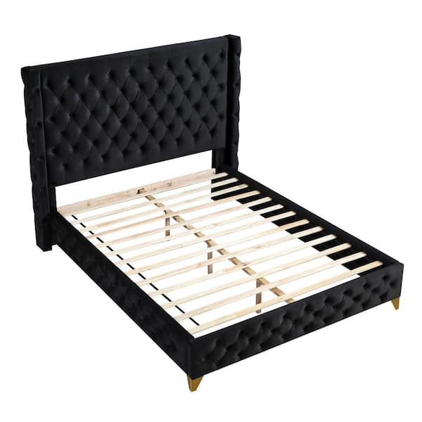 Best Master Furniture Oakdale Black Wood Frame California King Platform Bed with Tufted Velvet Upholstery