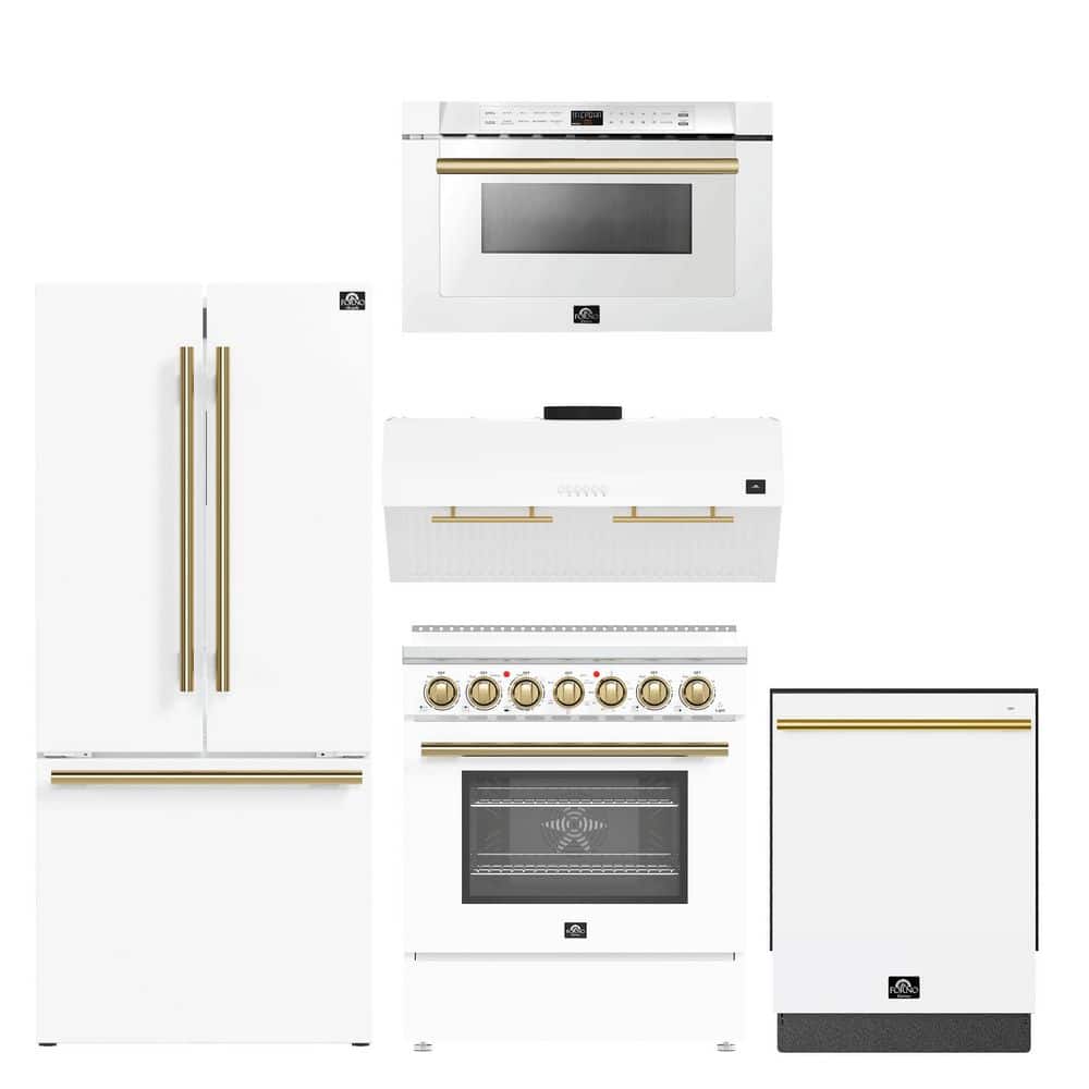 5-Pieces Range, French Door Refrigerator, 24 in. Built-In Tall Tub Dishwasher, Microwave Drawer, Range Hood in White