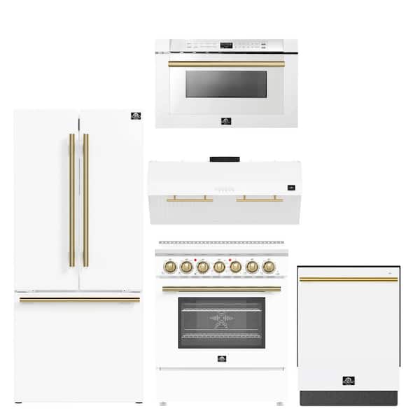 5-Pieces Range, French Door Refrigerator, 24 in. Built-In Tall Tub Dishwasher, Microwave Drawer, Range Hood in White