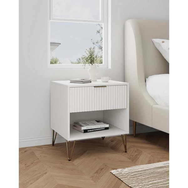 DUMBO Modern White 1-Drawer 20.07 in. W Nightstand with SNAP Assembly - Tool-Free, Effortless Setup
