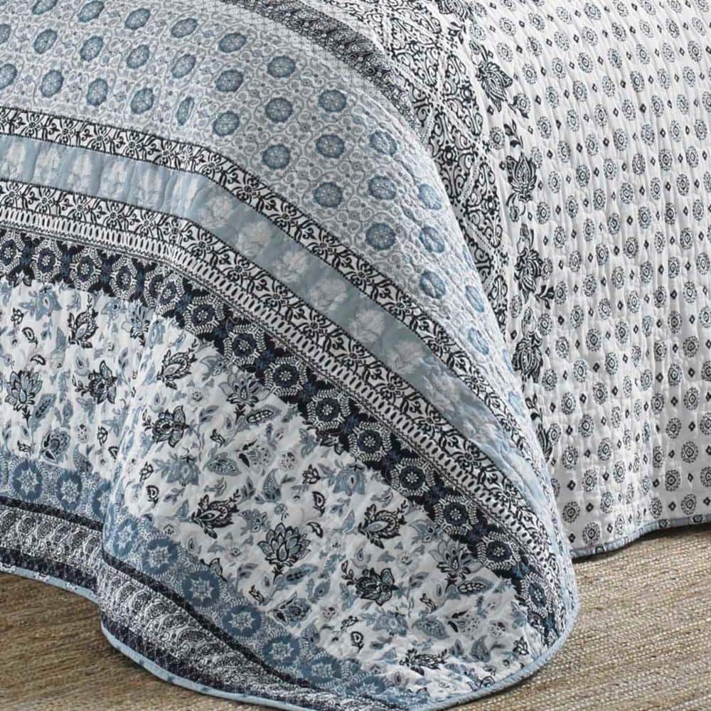 Blue Cotton King Reversible Quilt Set