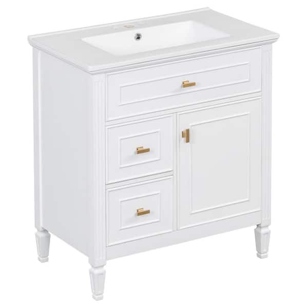 NURVIA 30 in. Single Sink Freestanding White Bath Vanity with White Ceramic Top Unassembled