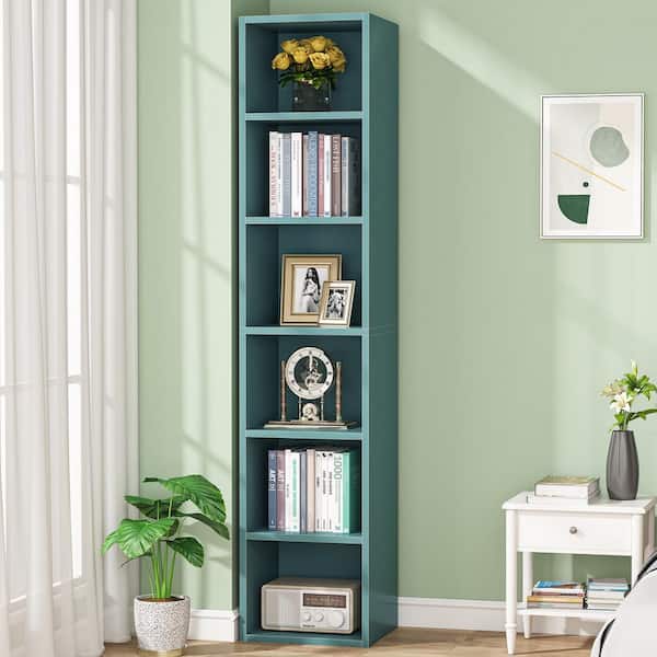 70.9 in. Tall Blue Engineered Wood 6-Shelf Standard Narrow Bookcase with Cube Storage