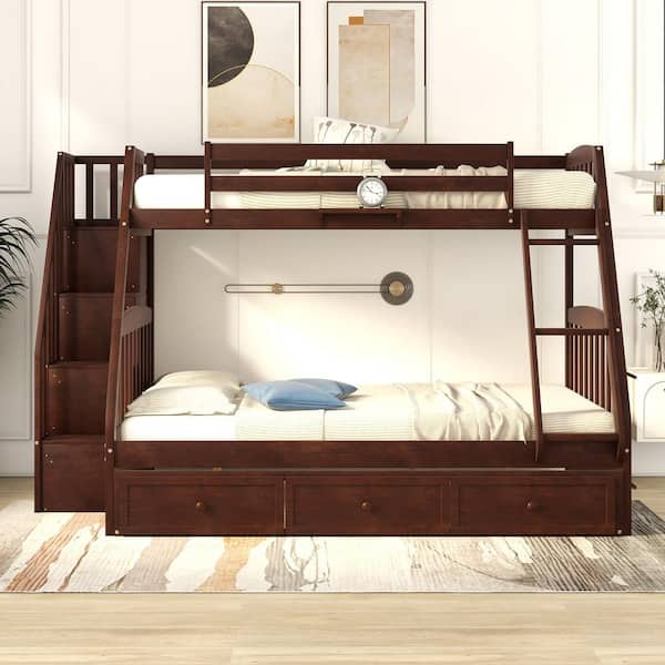 Polibi Espresso Twin-Over-Full Bunk Bed With Drawers, Ladder And ...