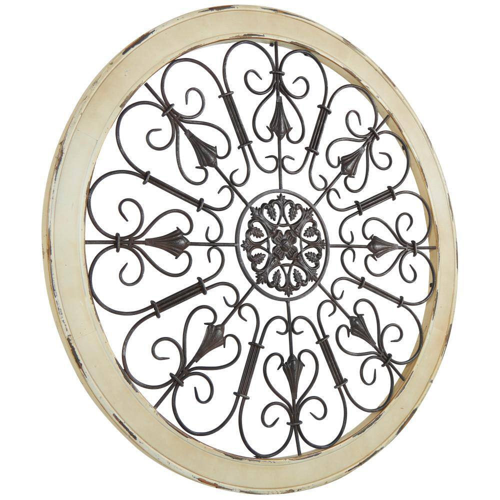 White Distressed Wood and Iron Scroll Wall Decor, 36" Round