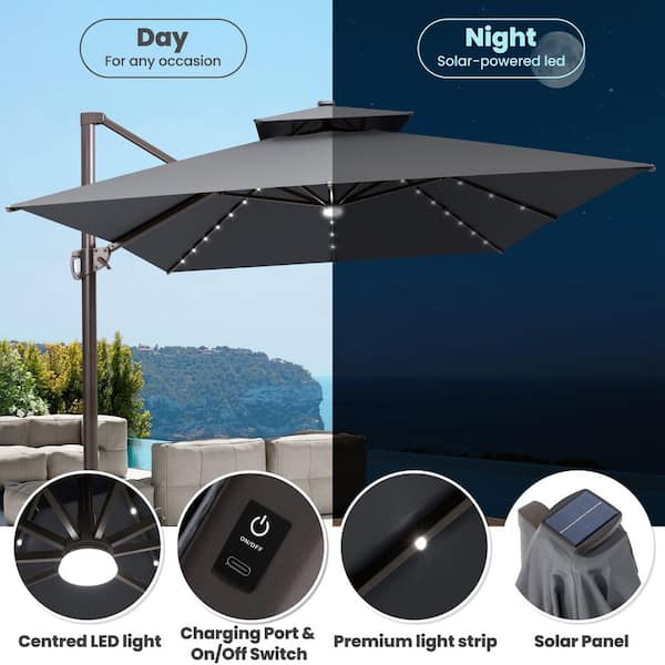 13 ft. x 10 ft. Solar Powered Patio Cantilever Umbrella with 350 lbs. Wheeled Base Outdoor Offset Umbrella in Dark Gray