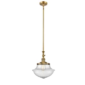 Oxford 1-Light Brushed Brass Schoolhouse Pendant Light with Seedy Glass Shade