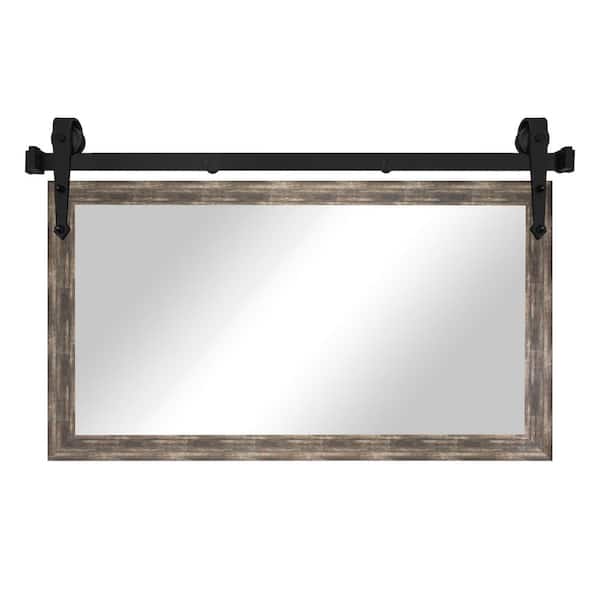 (66 in. W x 33 in. H) Brown Distressed Modern Rustic Mirror with Steel Barn Door Rail