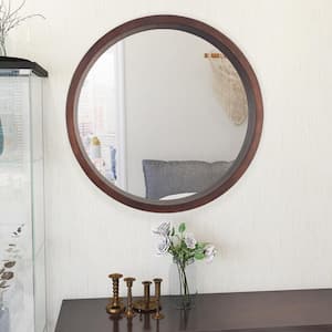 24 in. W x 24 in. H Round Wood Framed Wall Mounted Bathroom Vanity Mirror in Brown