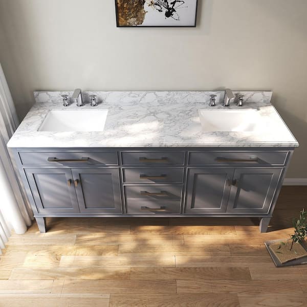 MEDUNJESS VLeaf 72 in. W x 21 in. D x 34.5 in. H Double Sinks Bath Vanity Cabinet in Maple Gray with Carrara Marble Top