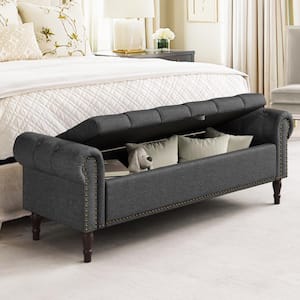 Cerella 63 in.Carbon Gray Tufted Fabric Upholstered Storage Bedroom Bench Rolled Arm Button Tufted Storage Ottoman