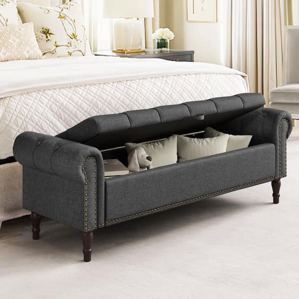 cozyman Cerella 63 in.Carbon Gray Tufted Fabric Upholstered Storage Bedroom Bench Rolled Arm Button Tufted Storage Ottoman