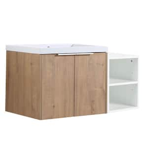 35.6 in. W Floating Wall-Mounted Bath Vanity in Imitative Oak with White Resin Top