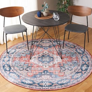 Arizona Blue/Rust 6 ft. x 6 ft. Distressed Border Ornate Machine Washable Round Area Rug