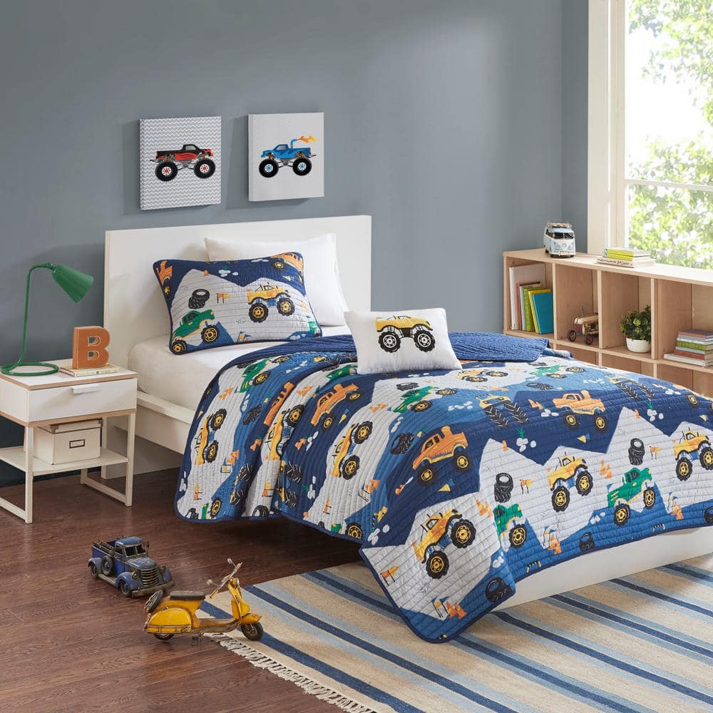 Blue Monster Truck Microfiber Reversible Twin Quilt Set