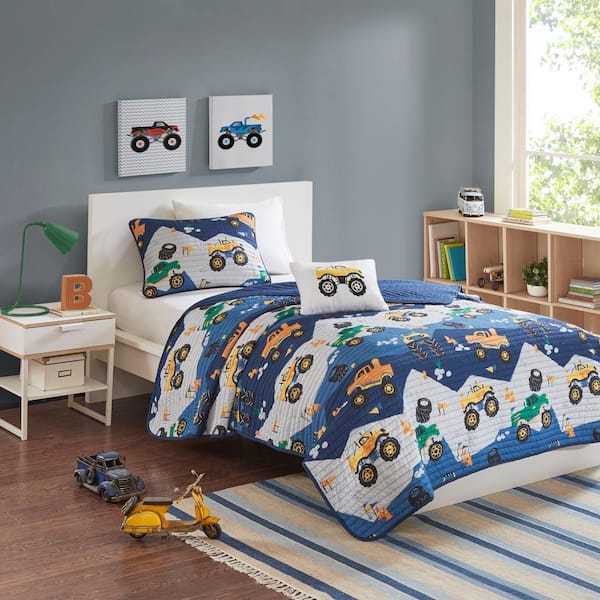 Gavin 4-Piece Blue Full/Queen Monster Truck Polyester Reversible Coverlet Set