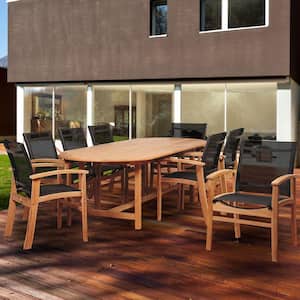 Amazina Elliot 9-Piece Teak Extendable Oval Patio Dining Set with Black Sling Chairs