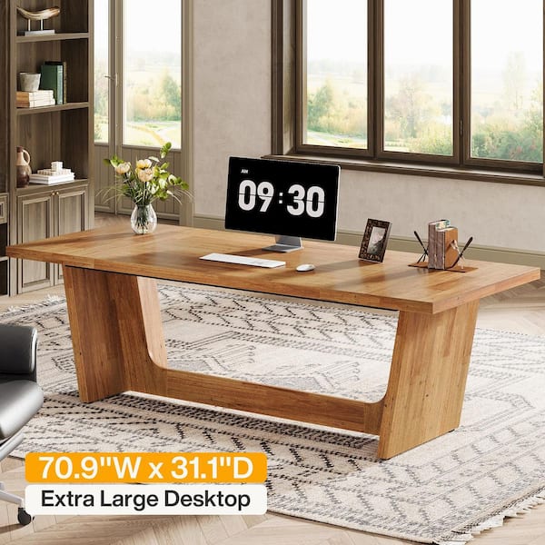 BYBLIGHT 70.87 in.  Rectangular Walnut Wood Executive Computer Desk with Sturdy Trapezoidal Base for Home Office