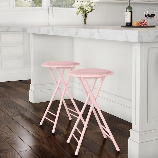 Pink Steel Padded Seats Folding Bar Stools 24 in. Set of 2