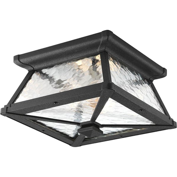 Progress Lighting Mac Collection 2-Light Textured Black Water Patterned Glass Craftsman Outdoor Close-to-Ceiling Light