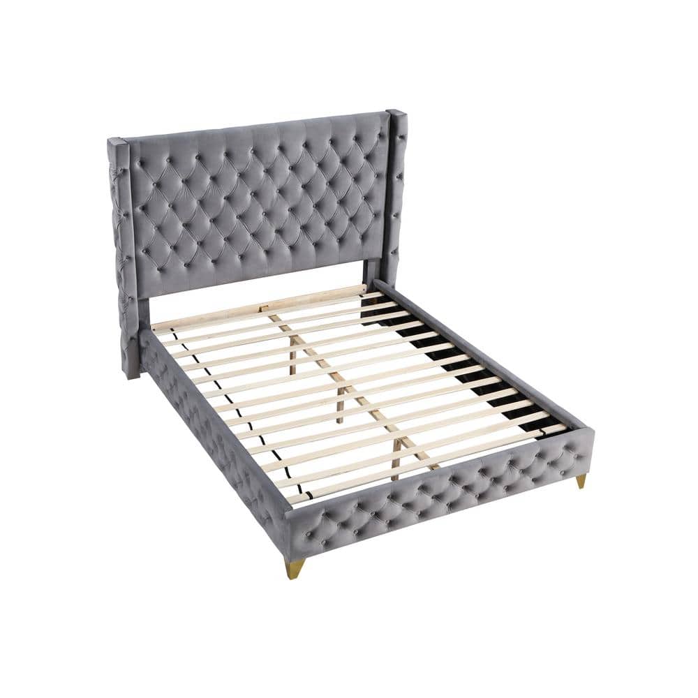 Oakdale King-Sized Platform Bed with Tufted Velvet Headboard in Gray