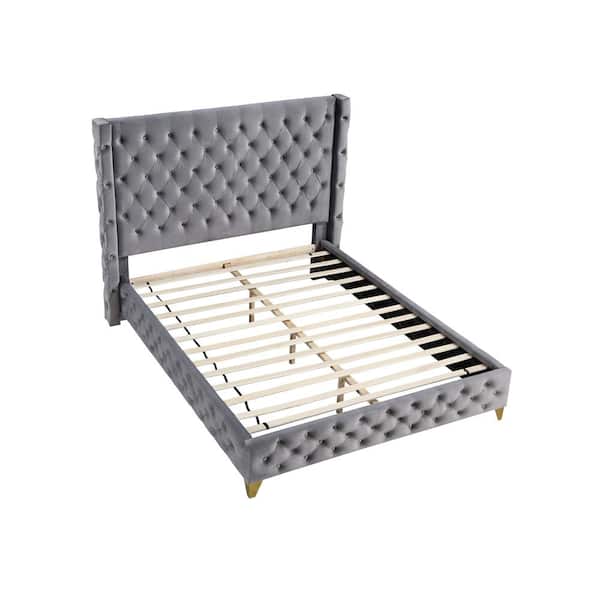 Best Master Furniture Oakdale Gray Wood Frame King Platform Bed with Tufted Velvet Upholstery