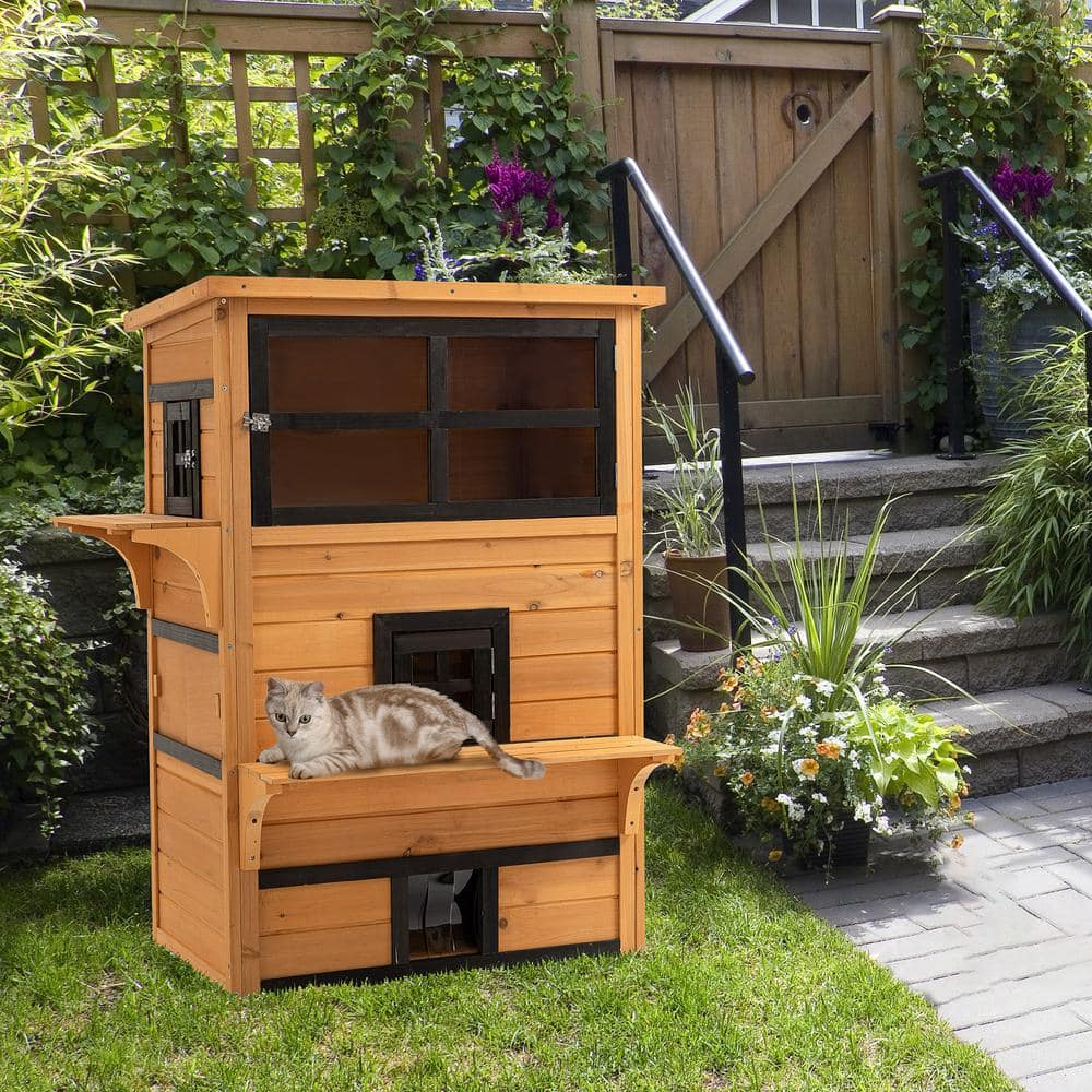 Medium Yellow Wooden 3-Story Outdoor Cat House with Escape Doors