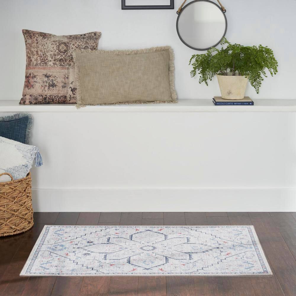 Blue and Ivory Floral Cotton Synthetic Rectangular Area Rug