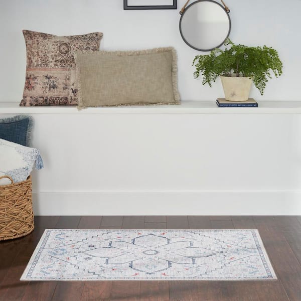 57 Grand Machine Washable doormat Ivory Blue 2 ft. x 4 ft. Center Medallion Contemporary Kitchen Area Rug