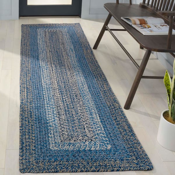 Braided Navy/Blue 2 ft. x 8 ft. Machine Washable Solid Striped Border Runner Rug