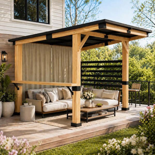10 ft. x 11 ft. Cedar Wood Outdoor Gazebo with Steel Roof and Privacy Curtains